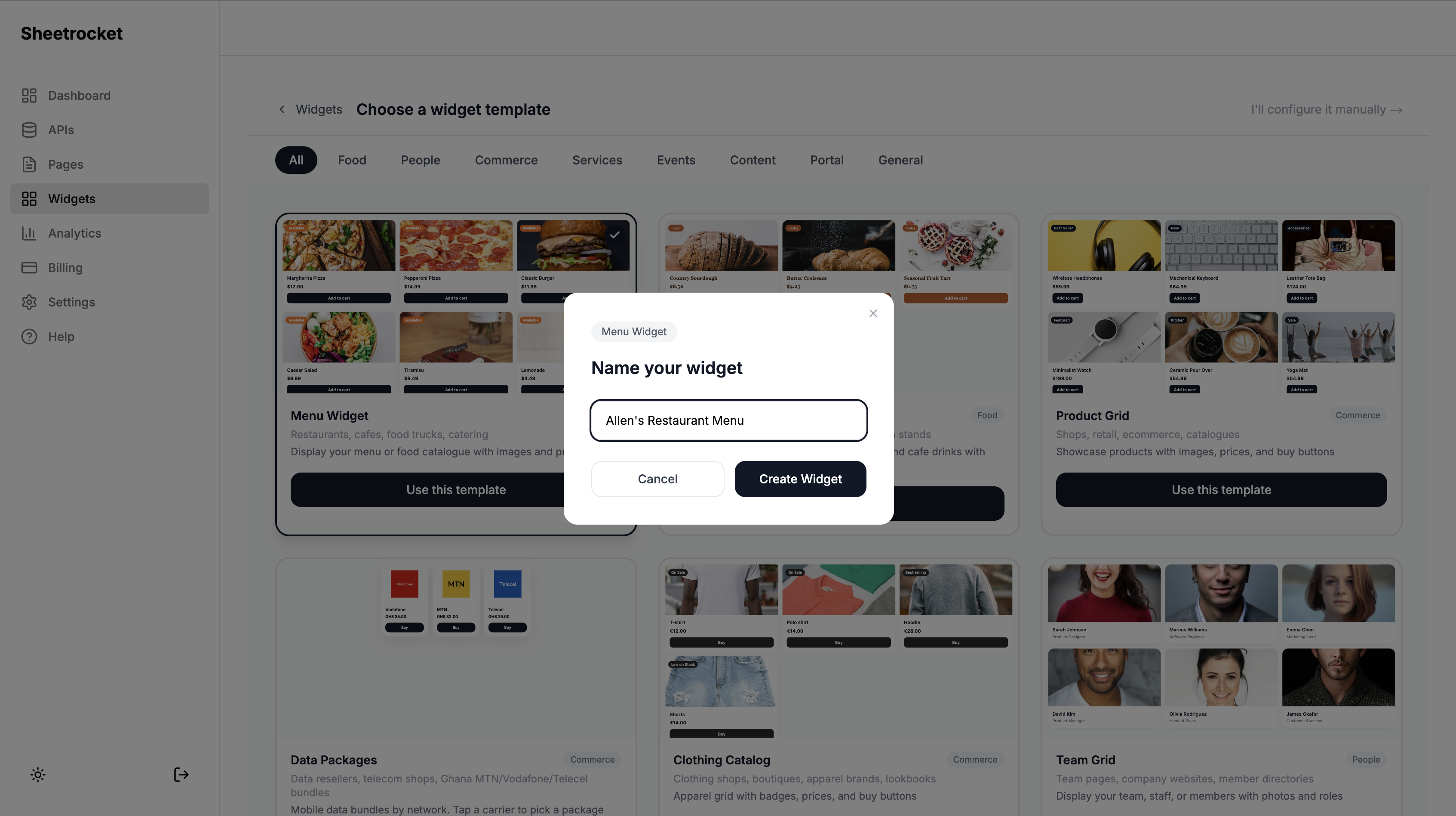 Screenshot of the widget naming step