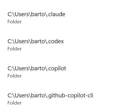 Windows Security exclusion list showing the .claude, .codex, .copilot, and .github-copilot-cli folders under my Windows user profile.