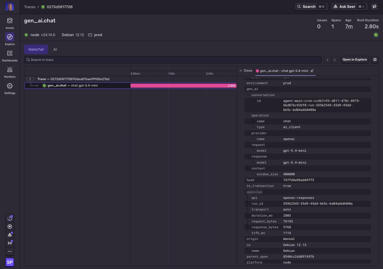 Attributes of a gen_ai.chat span in Sentry showing model, provider, conversation id and timings