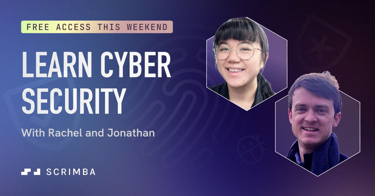 Teachers Rachel and Jonathan, featured in hexagonal frames, promote a free weekend cybersecurity course.