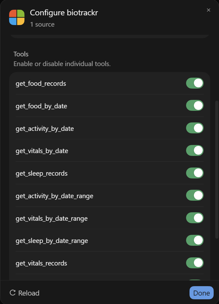 The list of MCP tools the biotrackr MCP server exposes to the plugin in Cursor