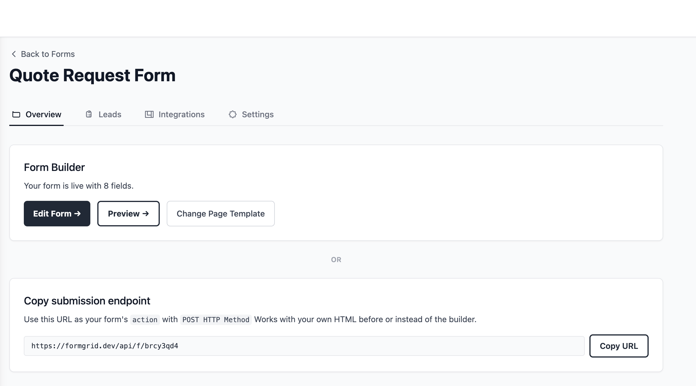 Screenshot: Formgrid form overview tab with endpoint URL