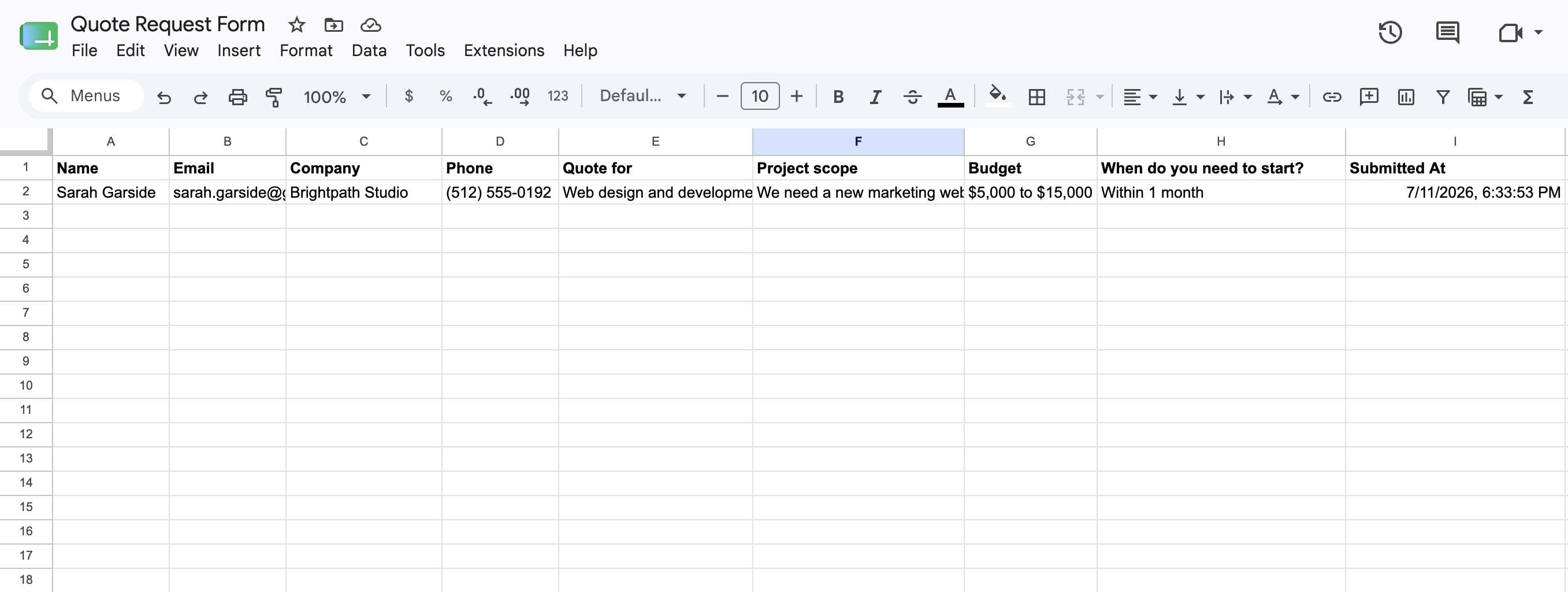 Screenshot: Google Sheet showing synced quote request rows