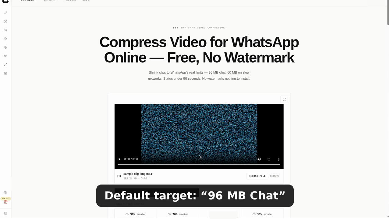 The '96 MB Chat' target selected for a 3-minute 1080p clip