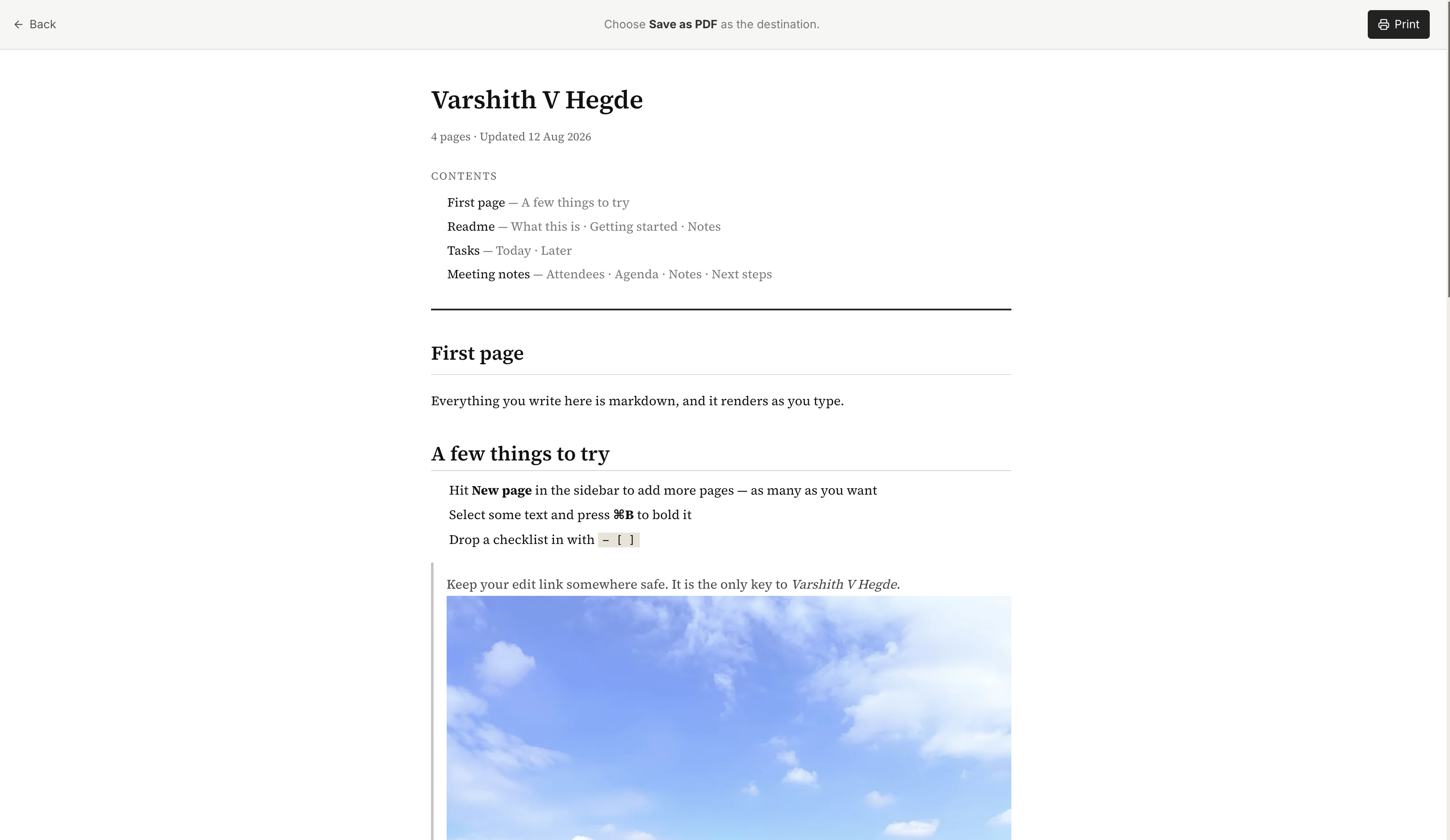 Print view with serif typography, title sheet and table of contents