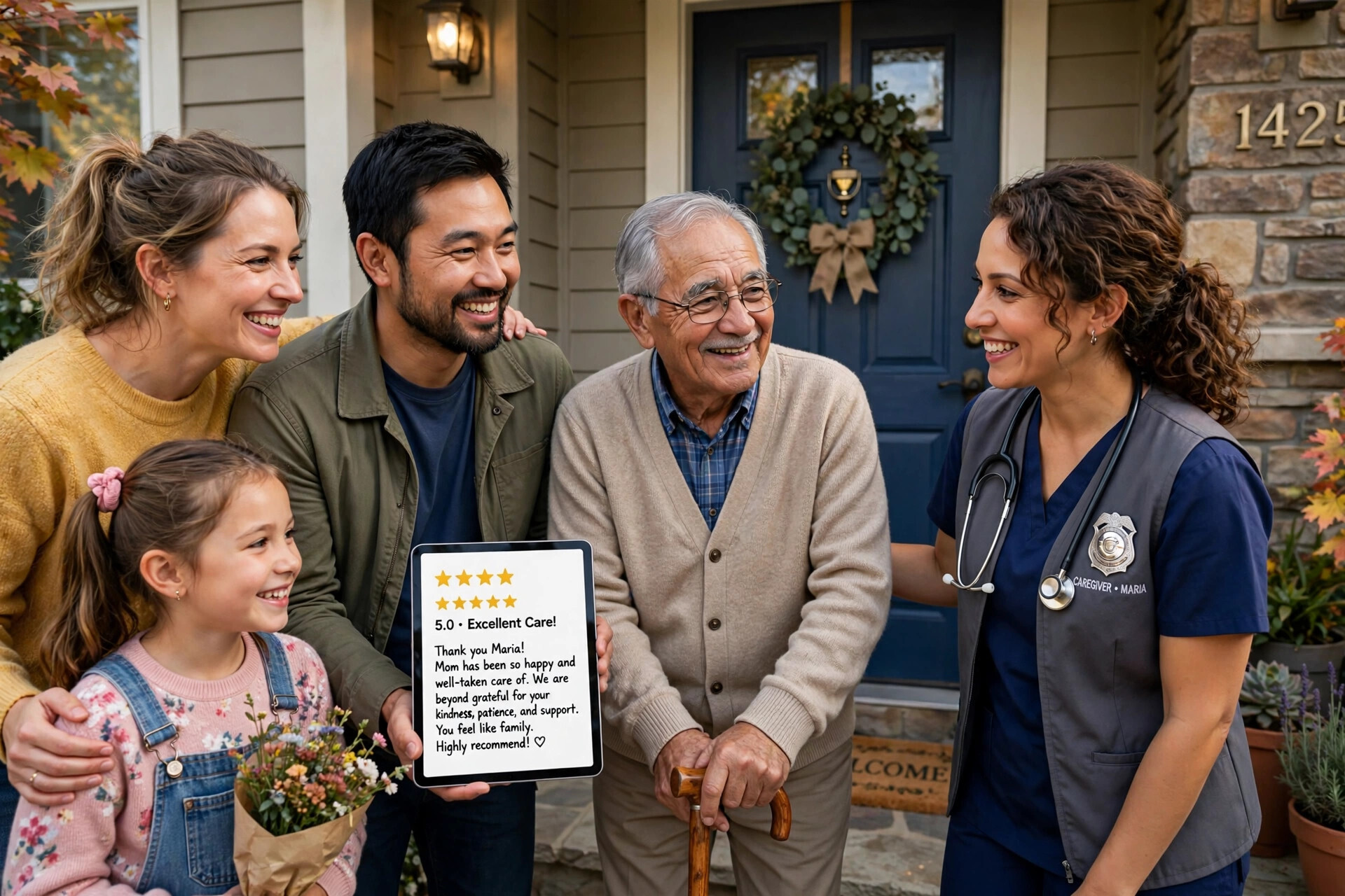 Happy family with a home caregiver at their front door, showing trust and gratitude