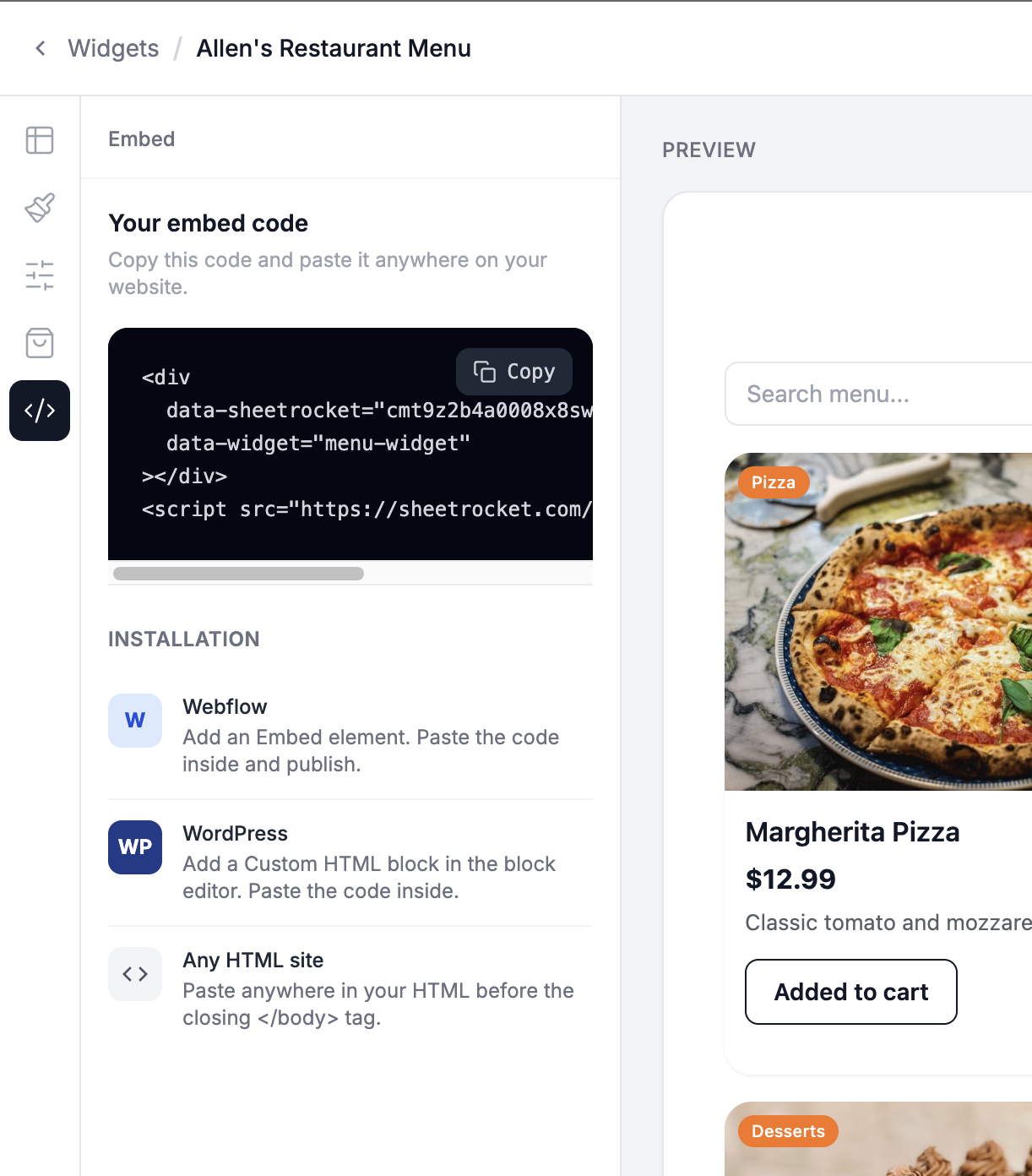 Screenshot of the Embed tab with the two-line code block and the Copy embed code button