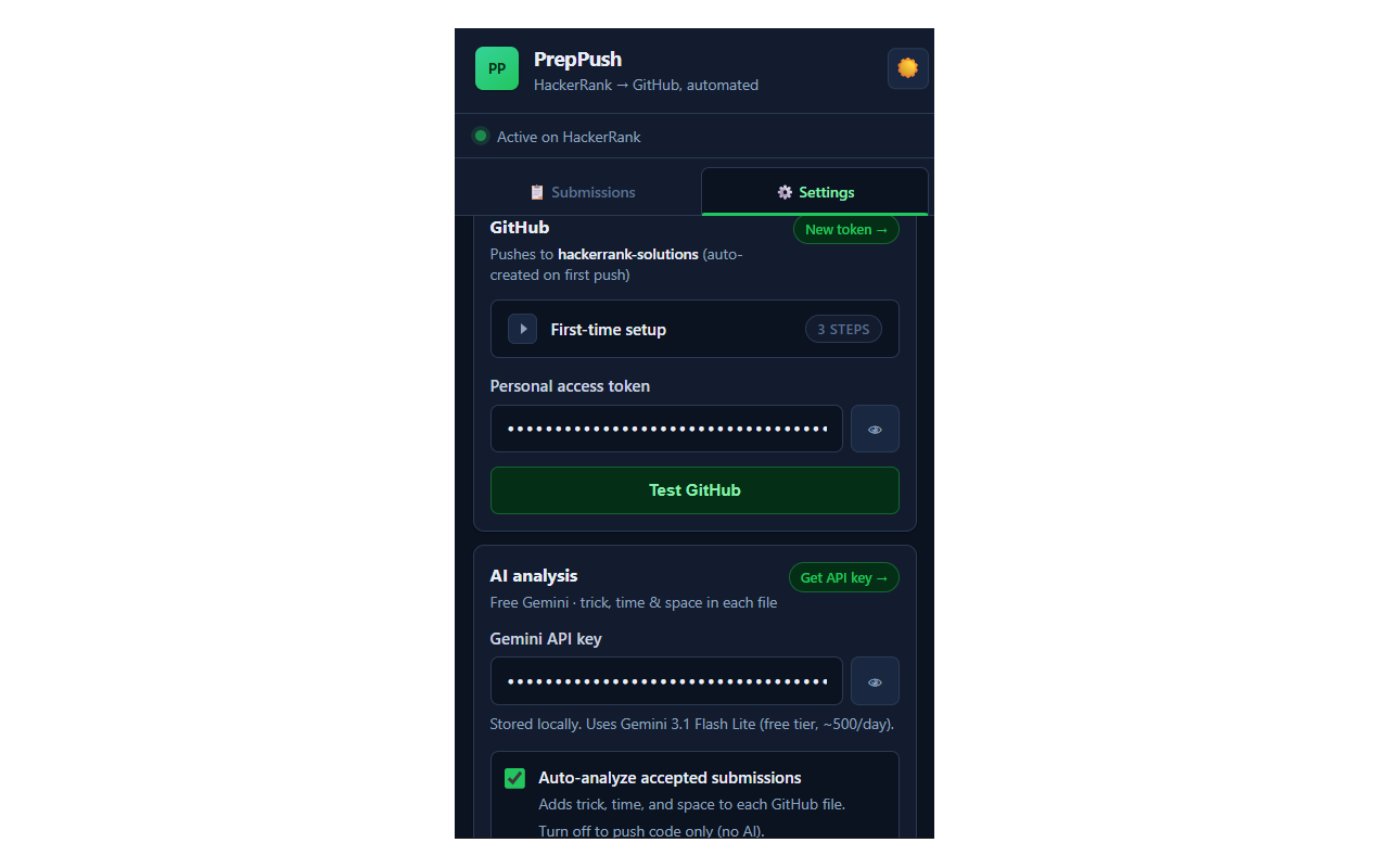 Settings page of PrepPush Chrome extension containing spaces to insert GitHub token and Gemini key and test each of them out.