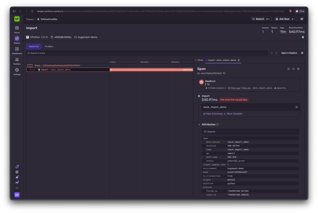 Sentry trace of the failing import: KeyError 'ts' on the slack_import_demo span