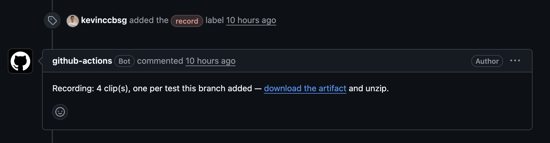 Github PR with a record label and the comment of the videos recorded