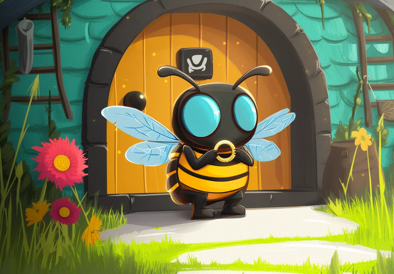 Midjourney v6.1 — abeille cartoon à la porte d'un cottage