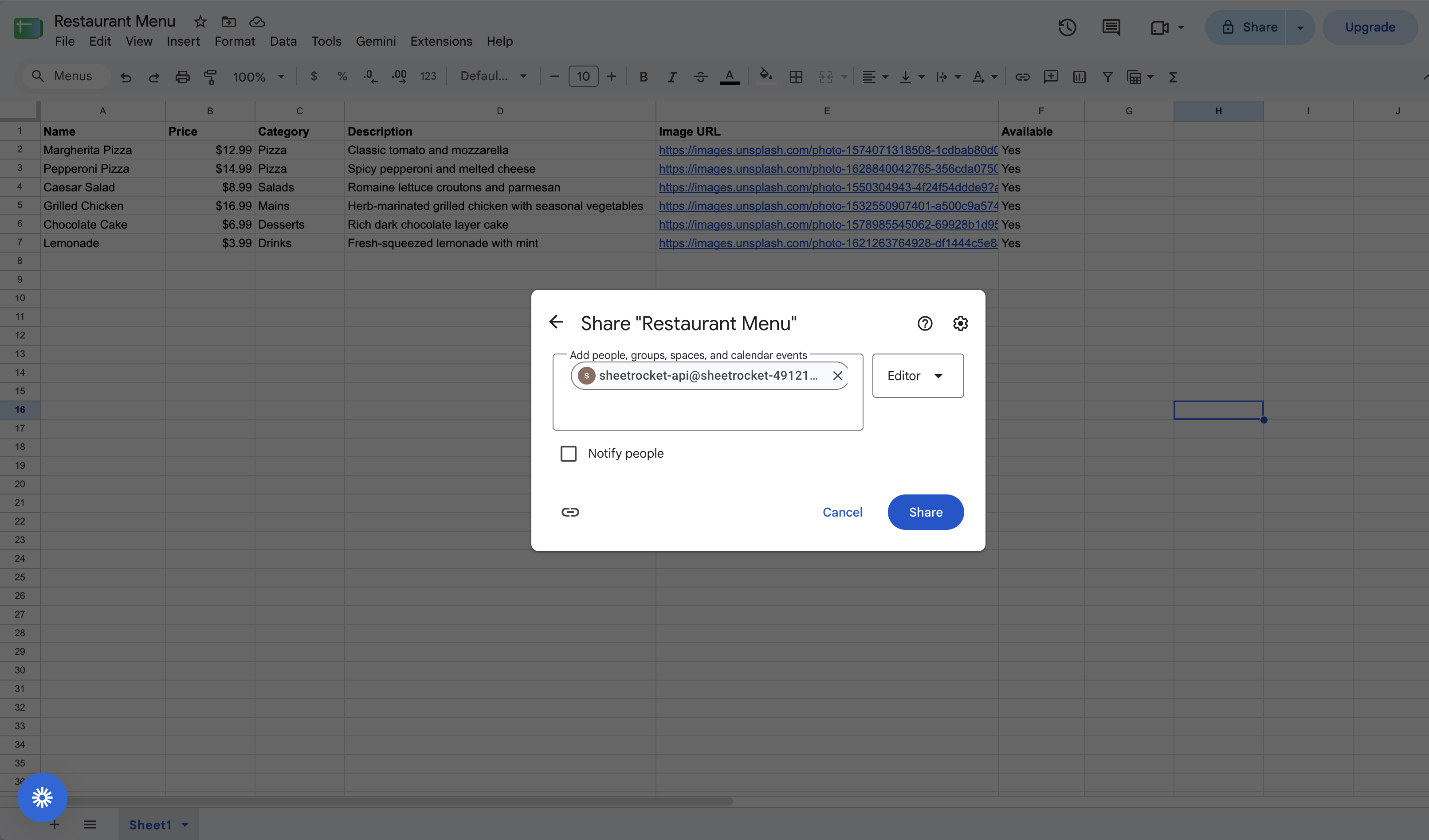 Screenshot of the Google Sheets share dialog with the service account email pasted in