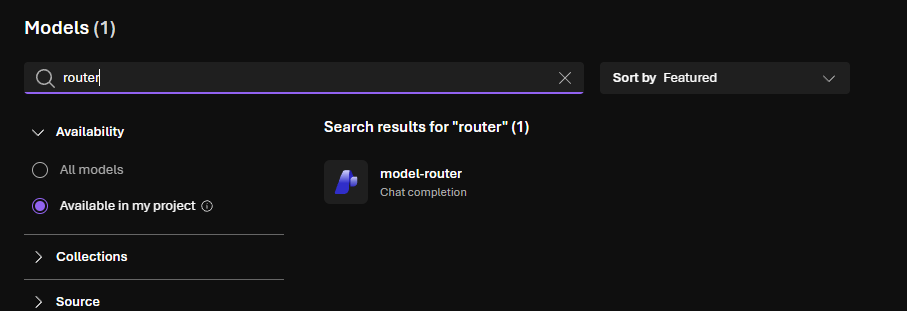 Microsoft Foundry model catalog search results showing the model-router model.