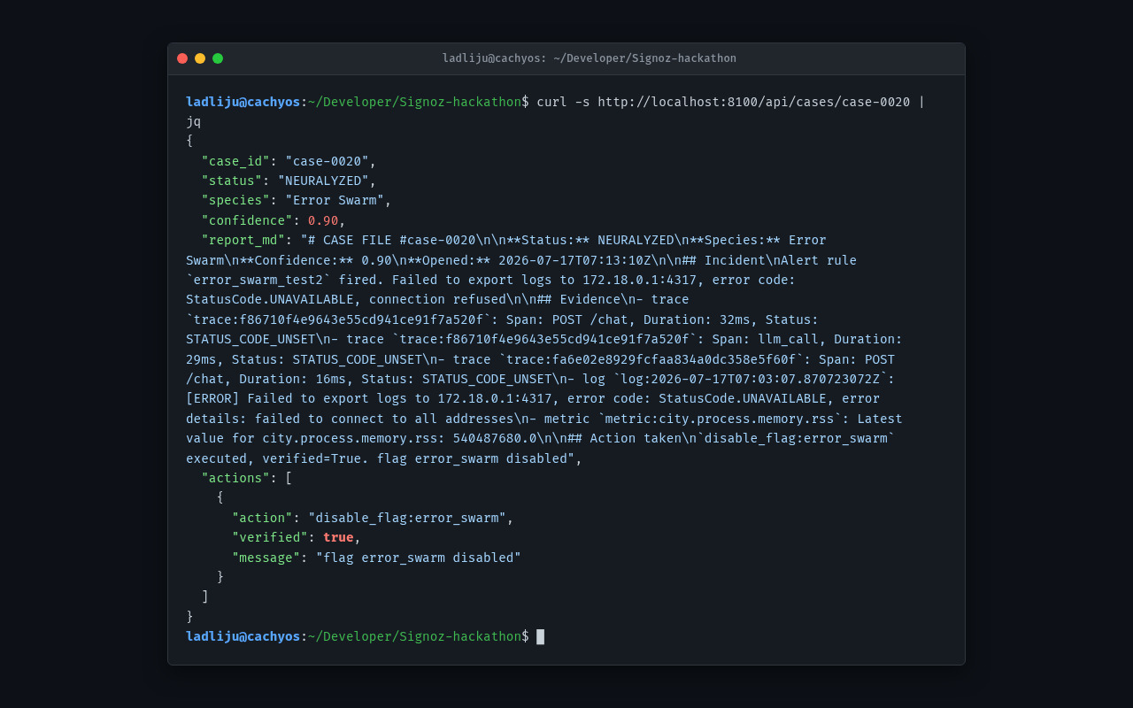 Terminal showing the agent's root-cause report
