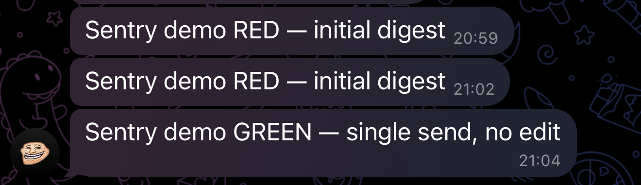 Telegram test group showing two unedited RED demo messages and one GREEN demo message