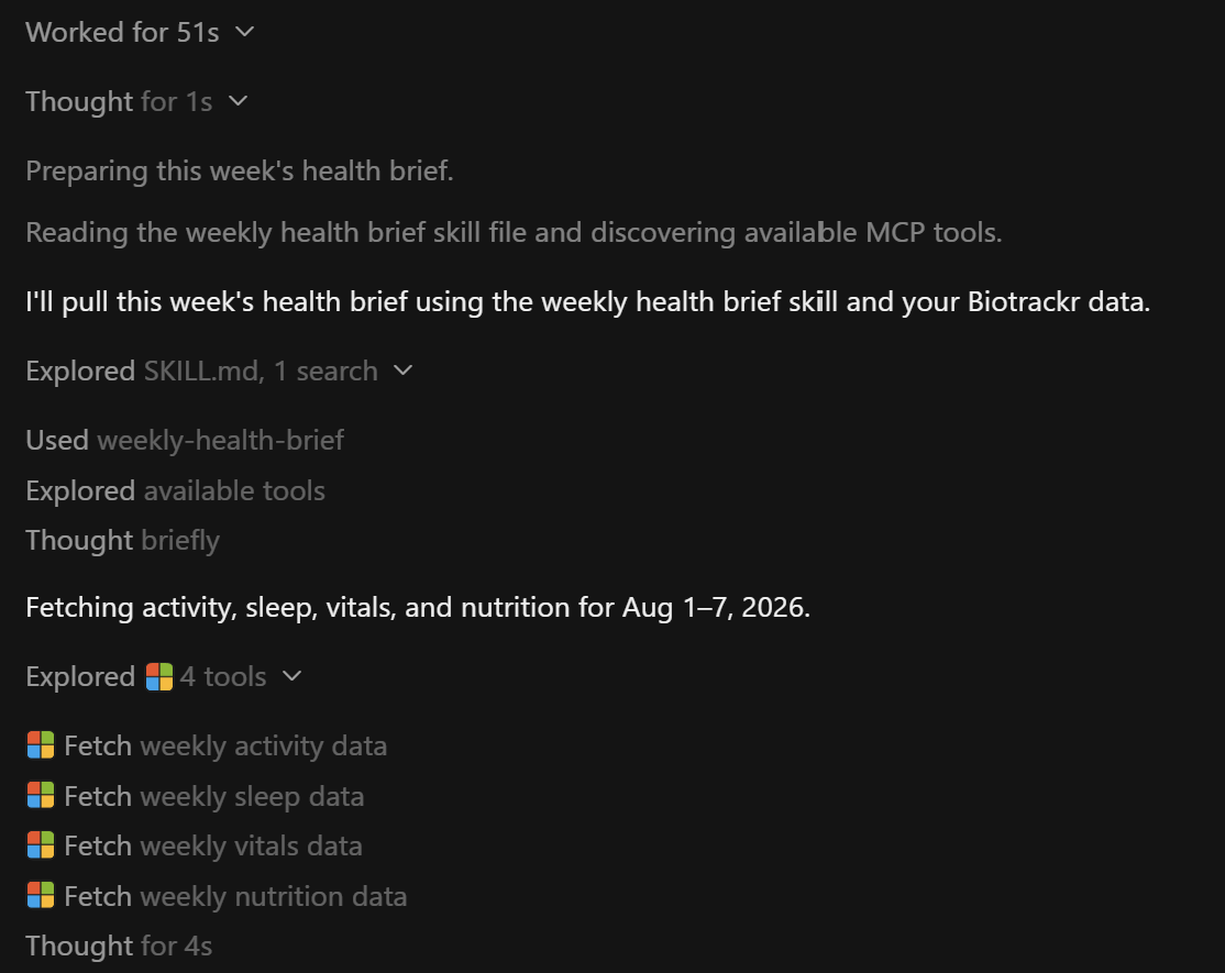 Cursor’s reasoning trace showing it read the SKILL.md file and called the biotrackr MCP server to fetch the week’s data across all health domains