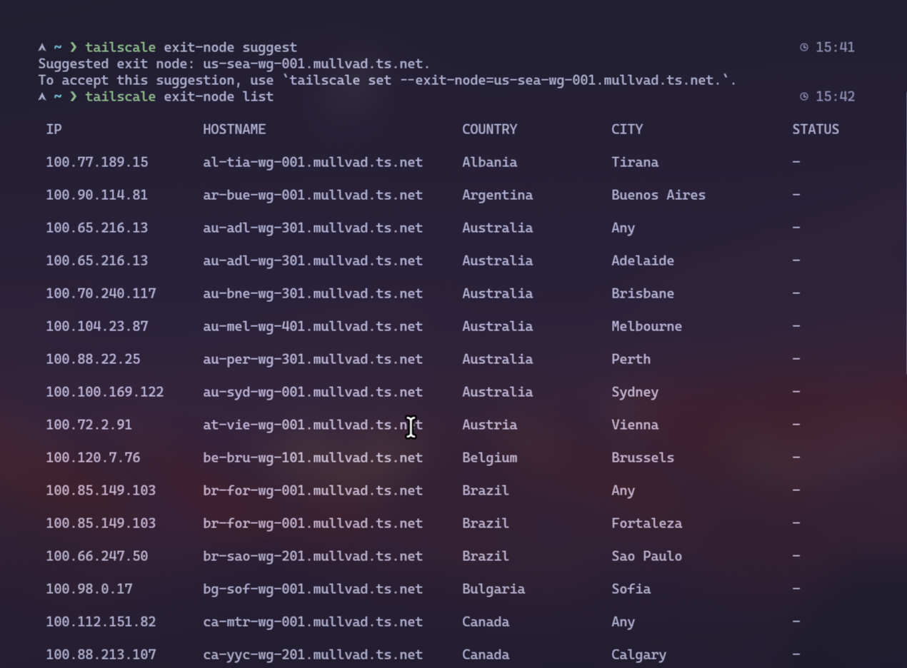 Choosing a Mullvad exit node in the Tailscale client