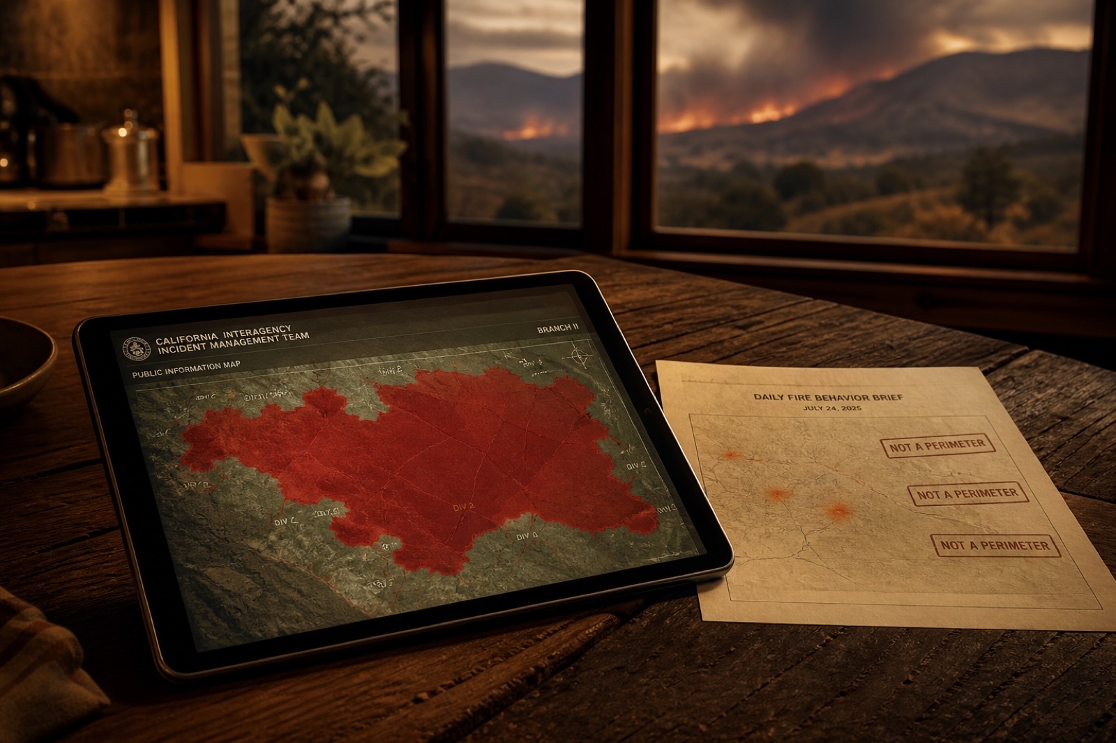 Kitchen table: a pretty red fire blob on a tablet, and a paper brief that refuses to draw a circle