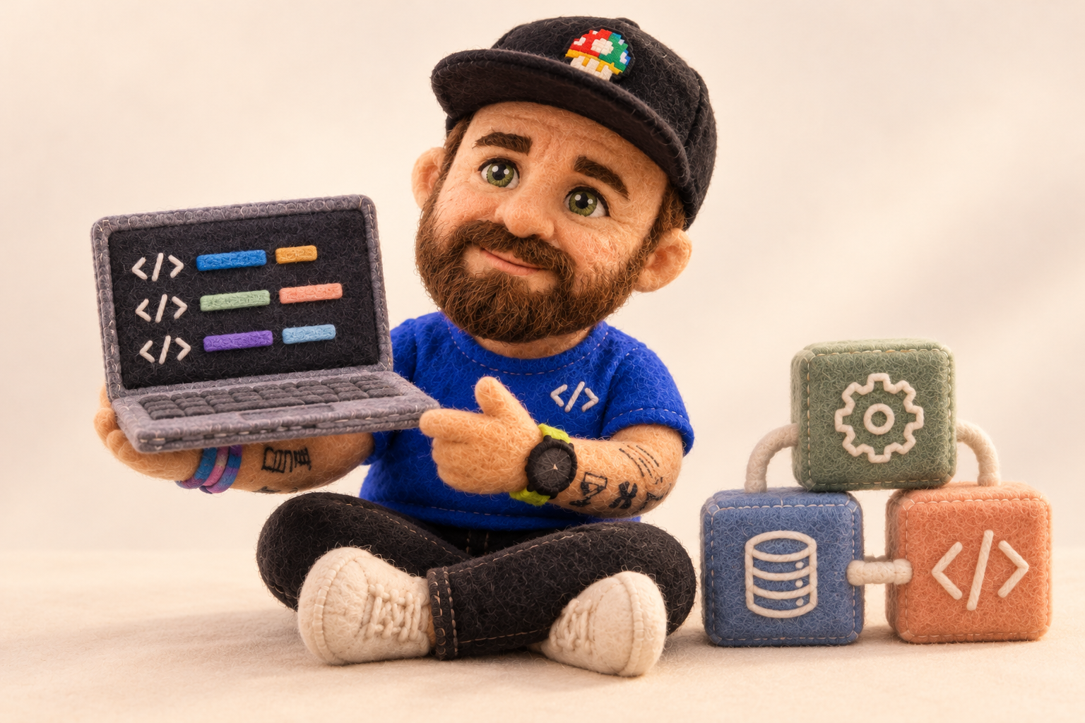 Plush Emanuele showing readable code on a laptop beside connected modules.