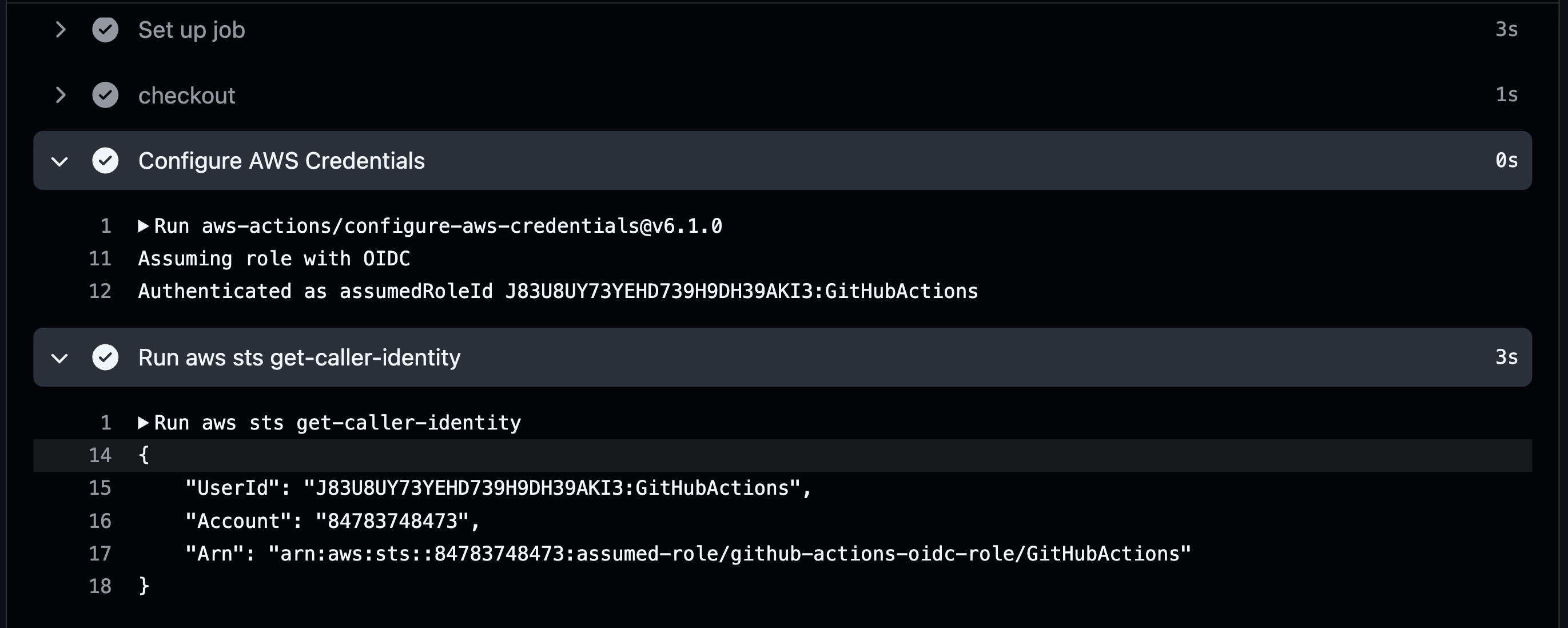 GitHub exchanges its OIDC identity for temporary AWS credentials.