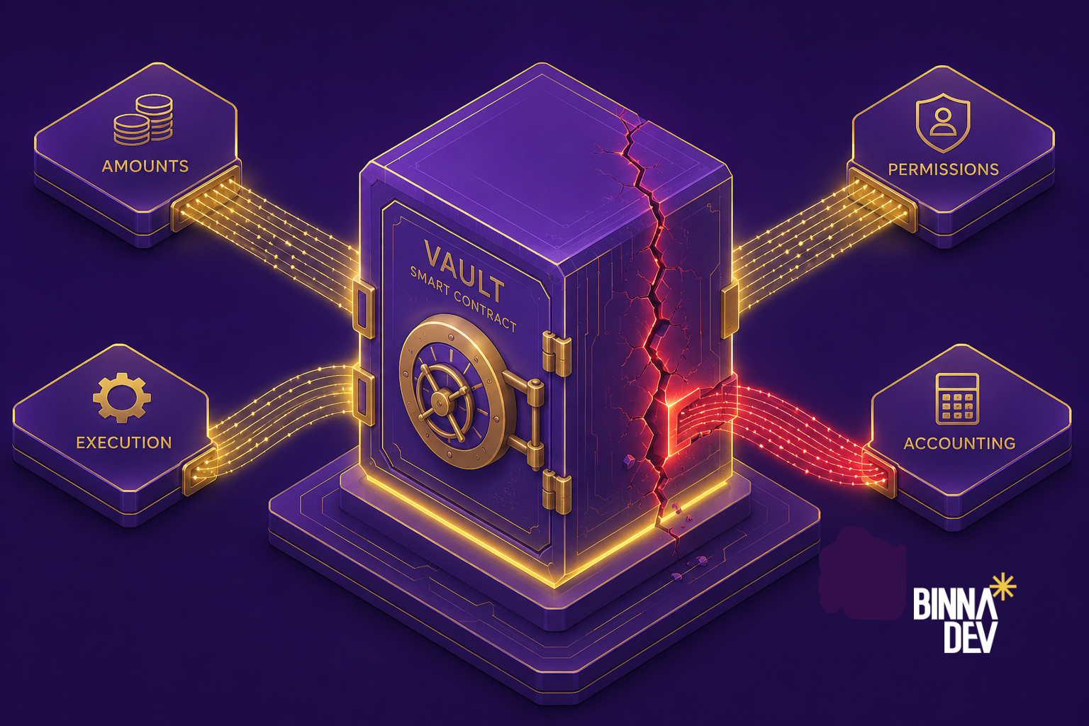 A clean, technical 3D isometric diagram of a glowing smart contract "Vault". Four distinct data streams are feeding into it, labeled 'Amounts', 'Execution', 'Permissions', and 'Accounting'. One of the streams is glowing red, causing a subtle fracture in the vault. Color palette must strictly feature Royal Purple and Soft Gold. Premium, technical, reliable vibe.