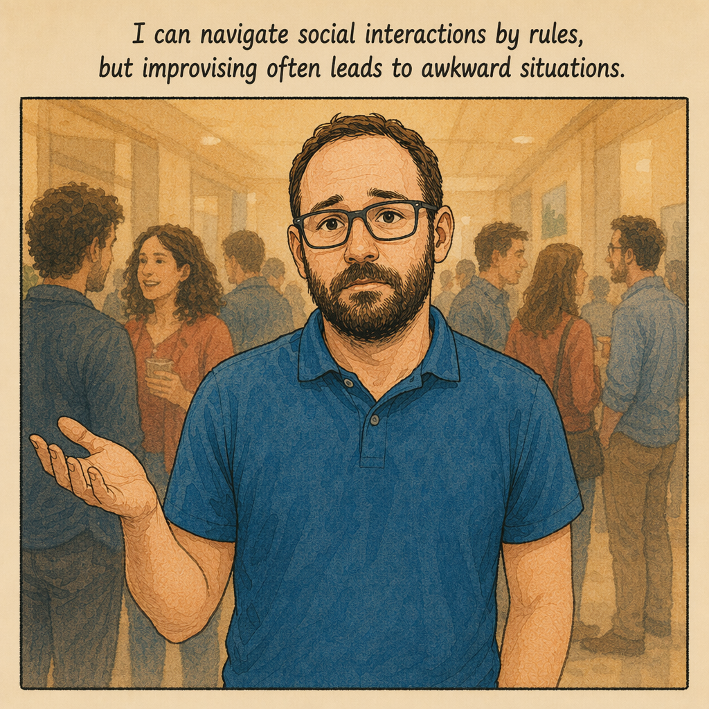 Raphaël stands alone in the hallway, one hand raised helplessly. Caption: I can navigate social interactions by rules, but improvising often leads to awkward situations.