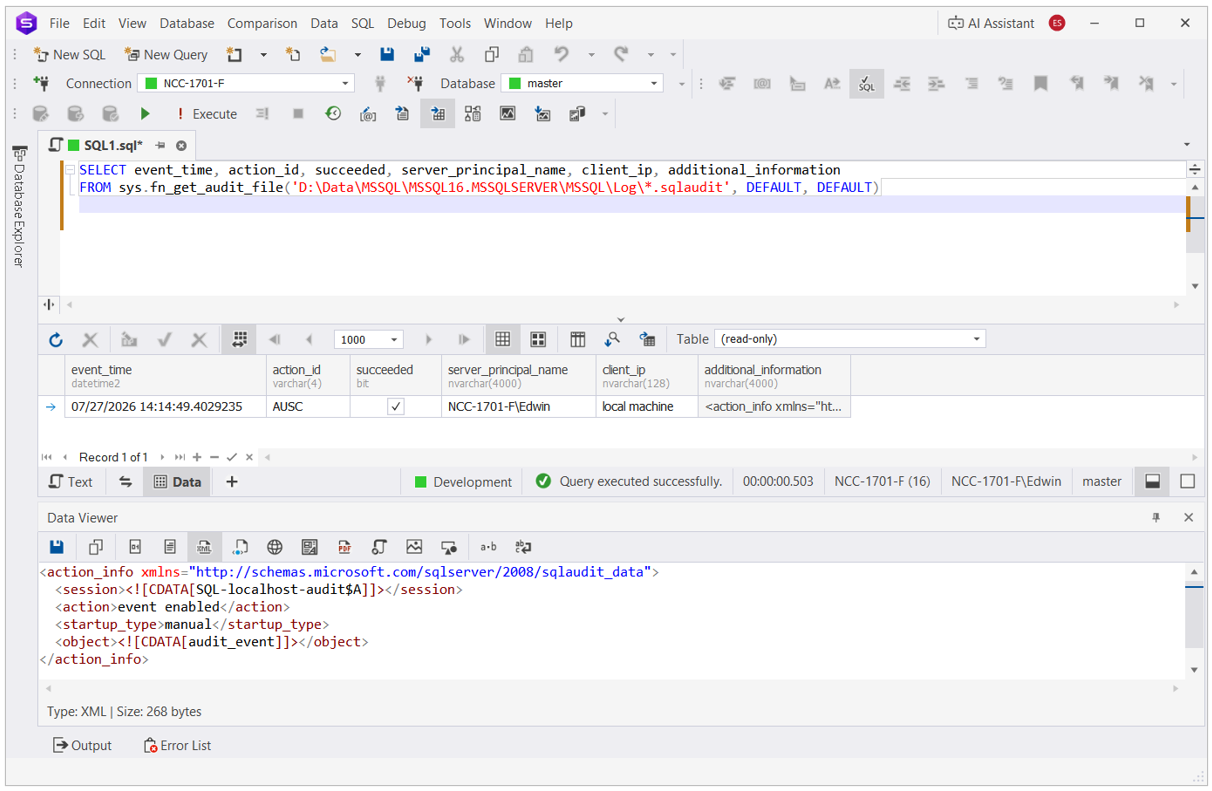 Sample query returning audit log entries in SQL Server