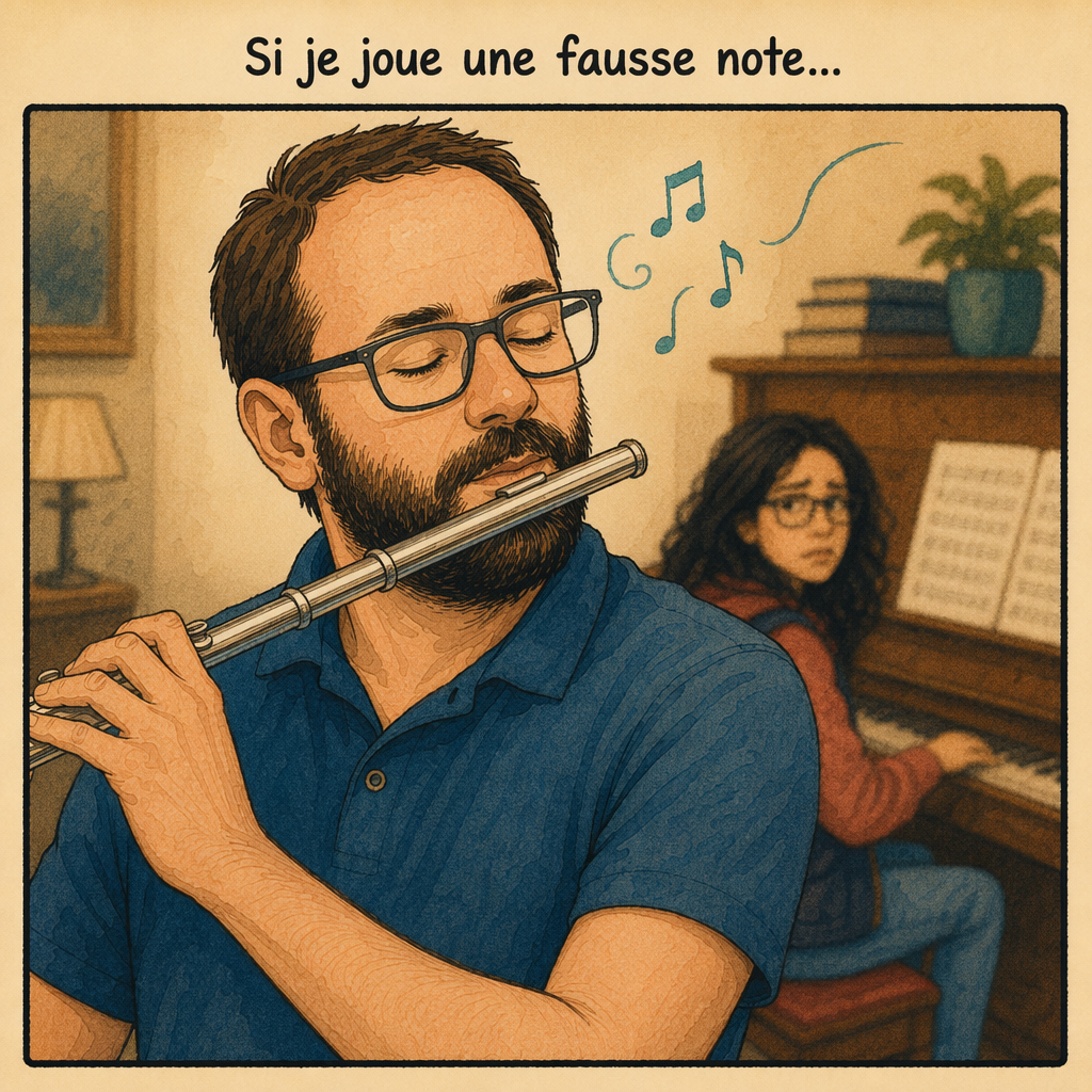 Gros plan de Raphaël jouant de la flûte, concentré.