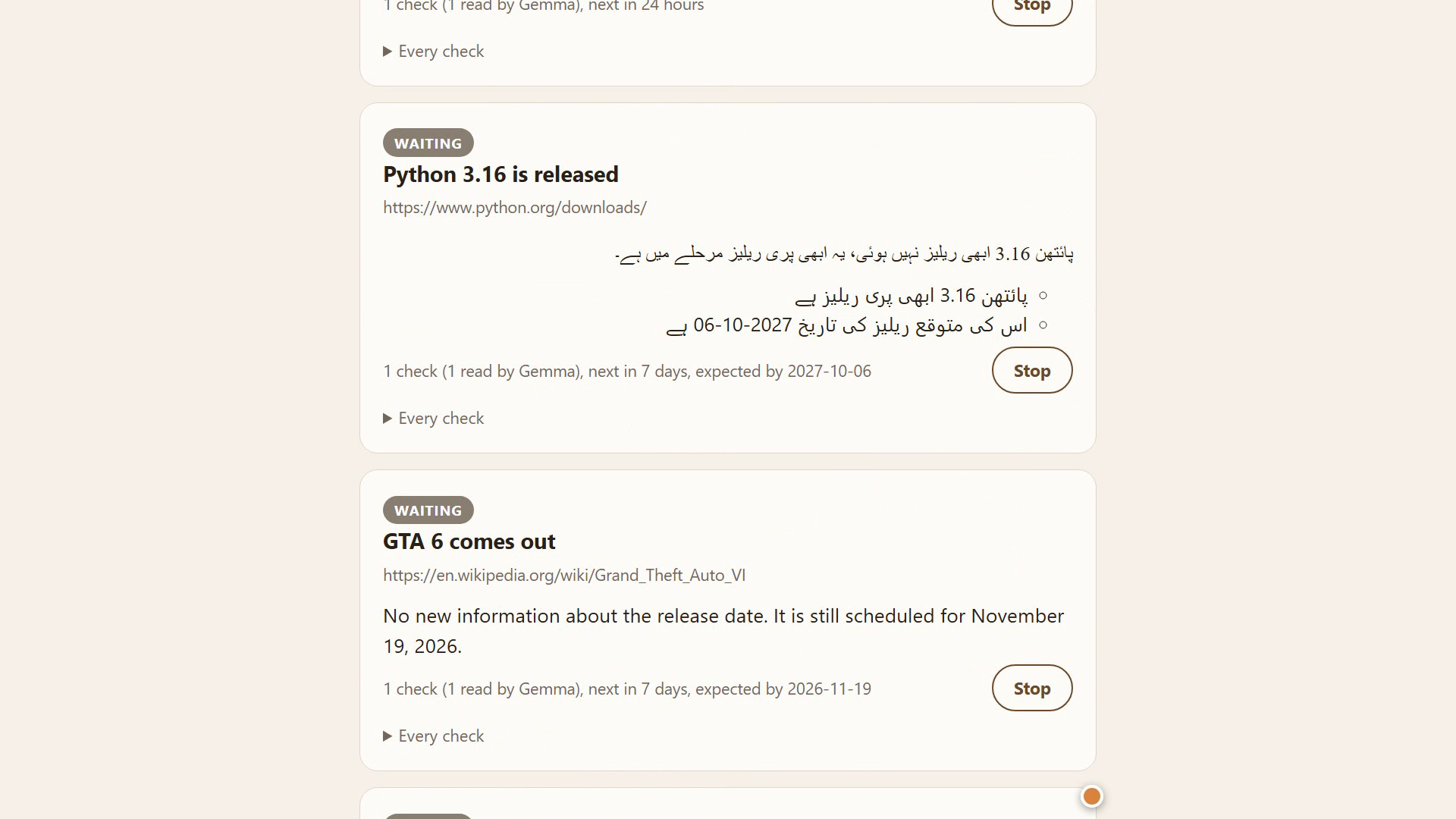 Watches running on the live site: Python 3.16 in Urdu, GTA 6 expected November 19 with the next look in 7 days