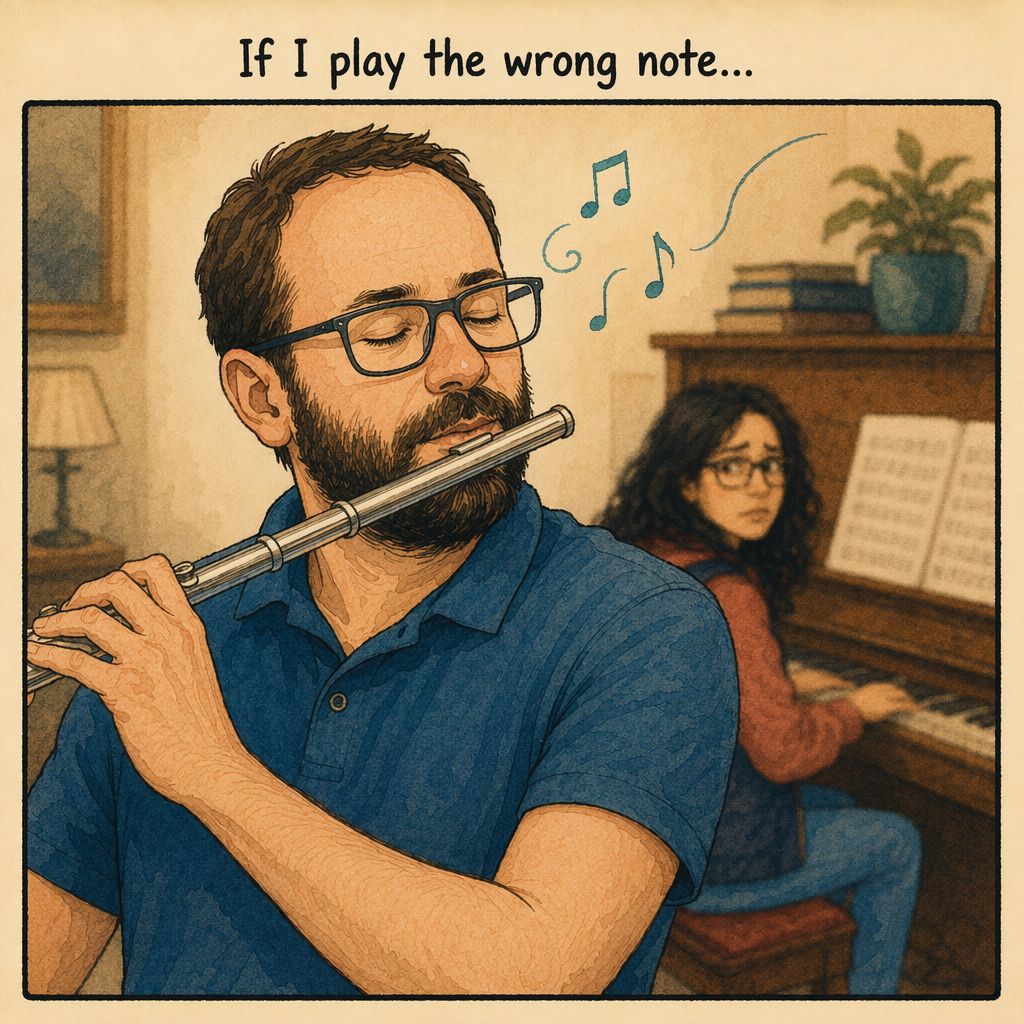 Close-up of Raphaël playing flute, focused. Caption: If I play the wrong note...