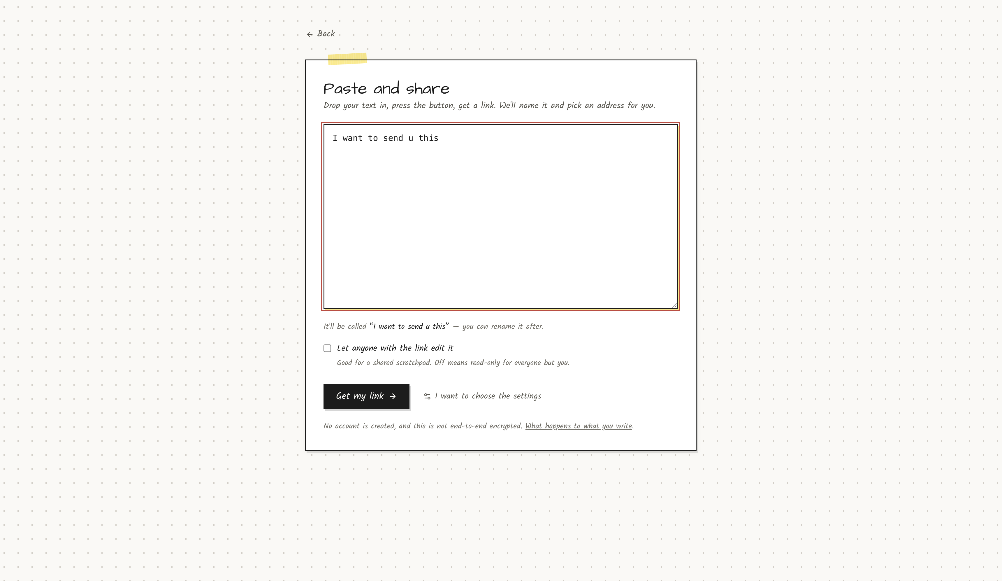 Quick paste page — markdown in the box, share link ready to copy