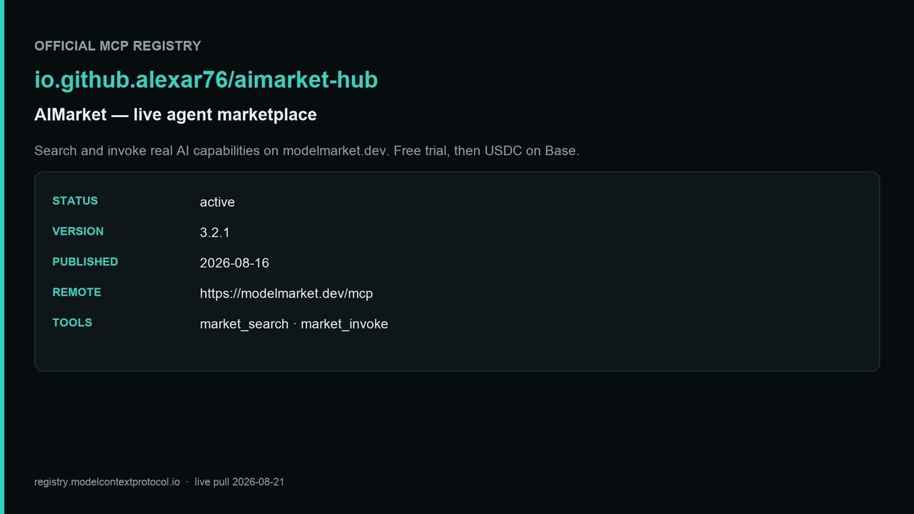 Official MCP Registry card for aimarket-hub