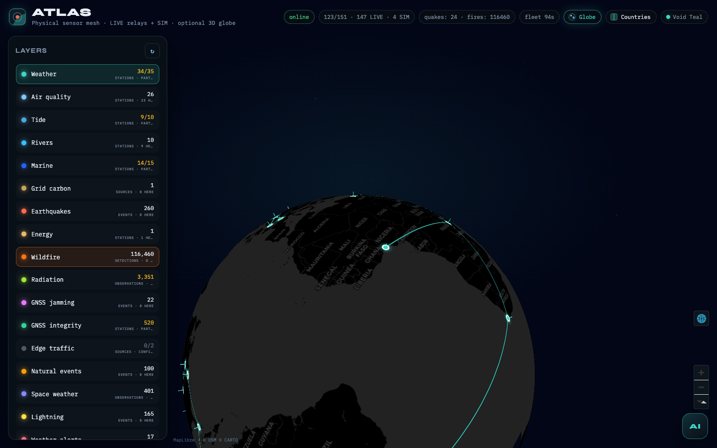 ATLAS — fire + weather layers on planetary glass