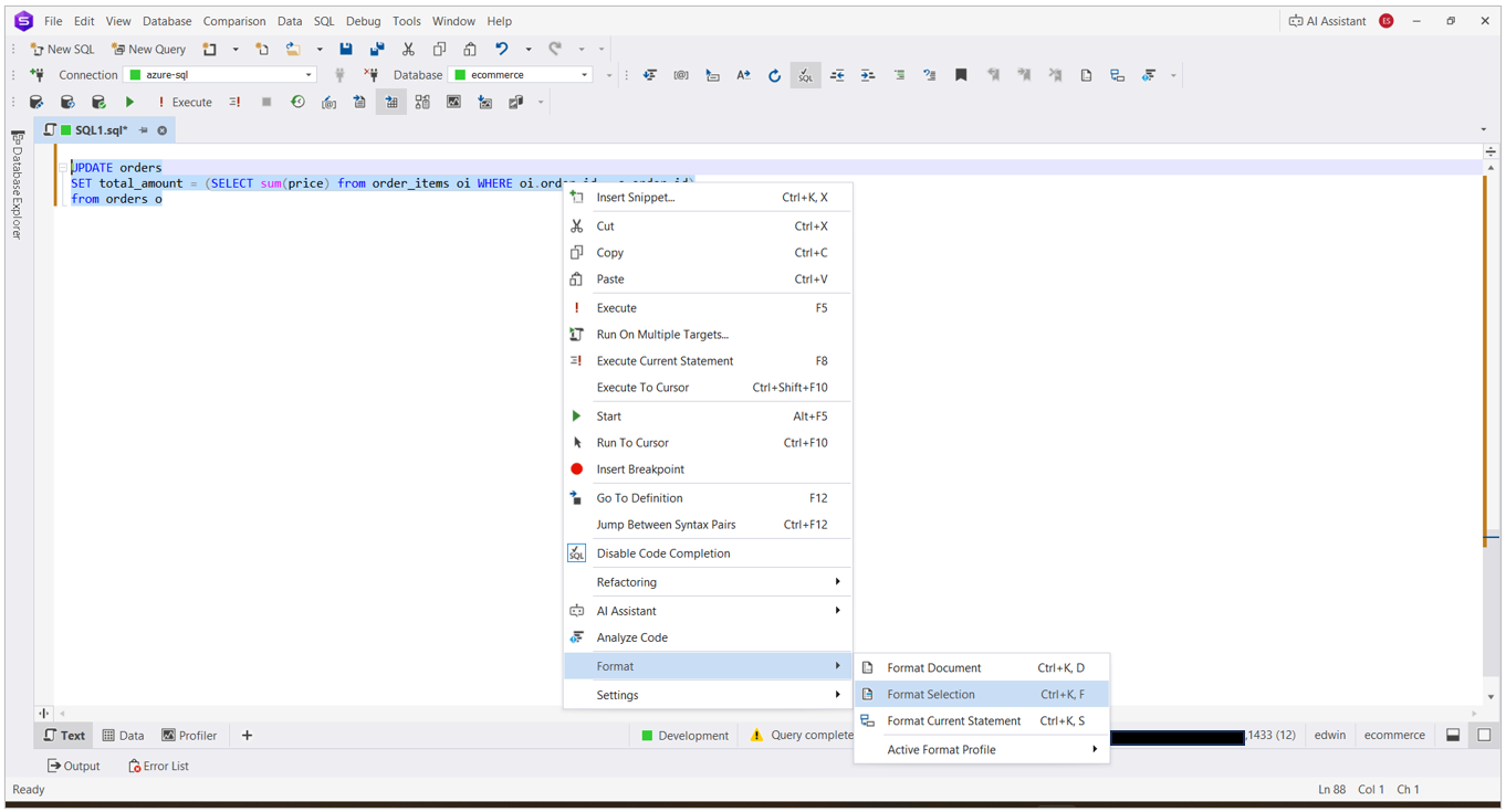 Unformatted SQL query before applying SQL formatting