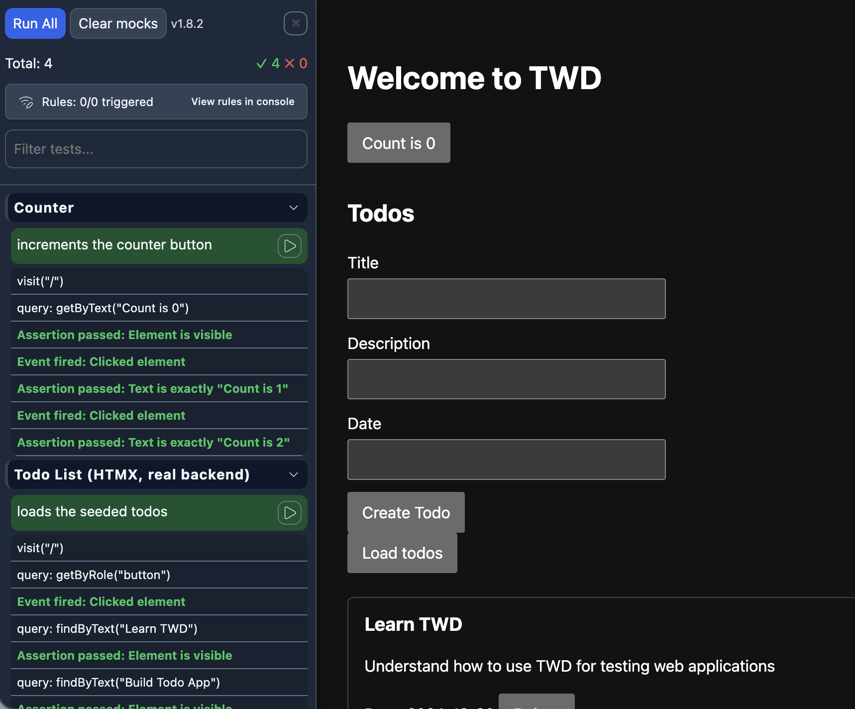 TWD sidebar running tests inside an HTMX app