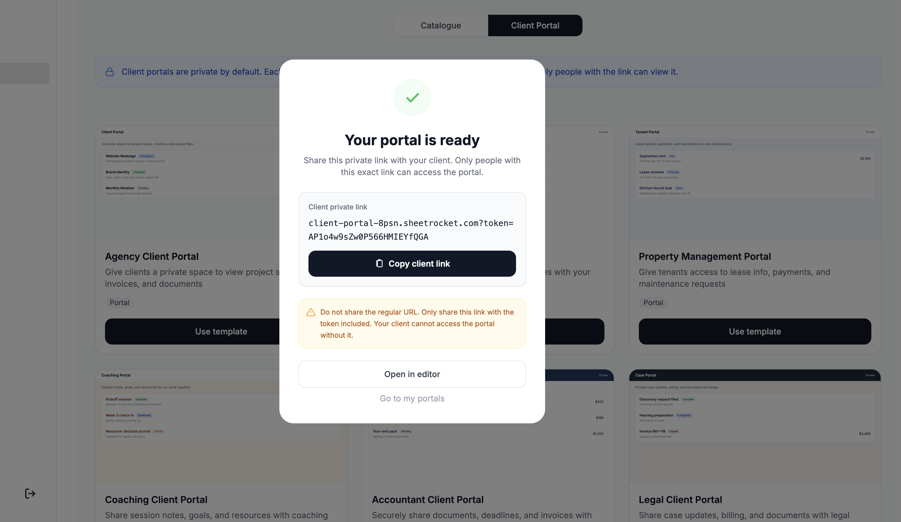 Screenshot of portal created confirmation modal