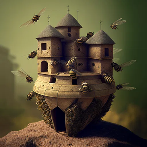 Midjourney v3 — abeilles autour d’un château de pierre