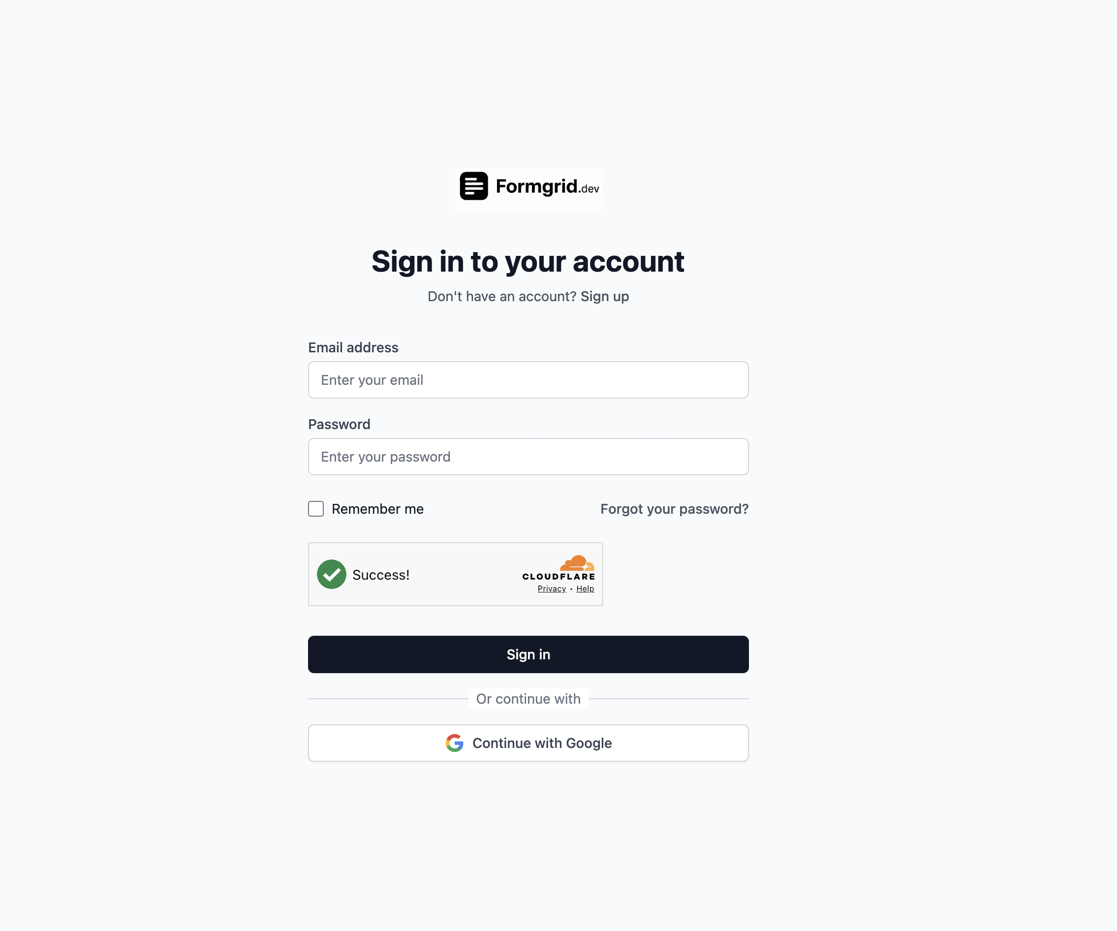 Screenshot: Formgrid signup page