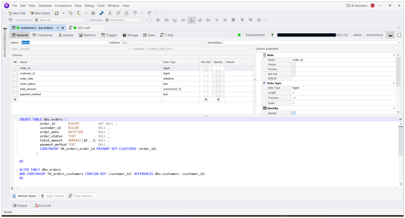 Visual table designer showing columns, keys, and relationships