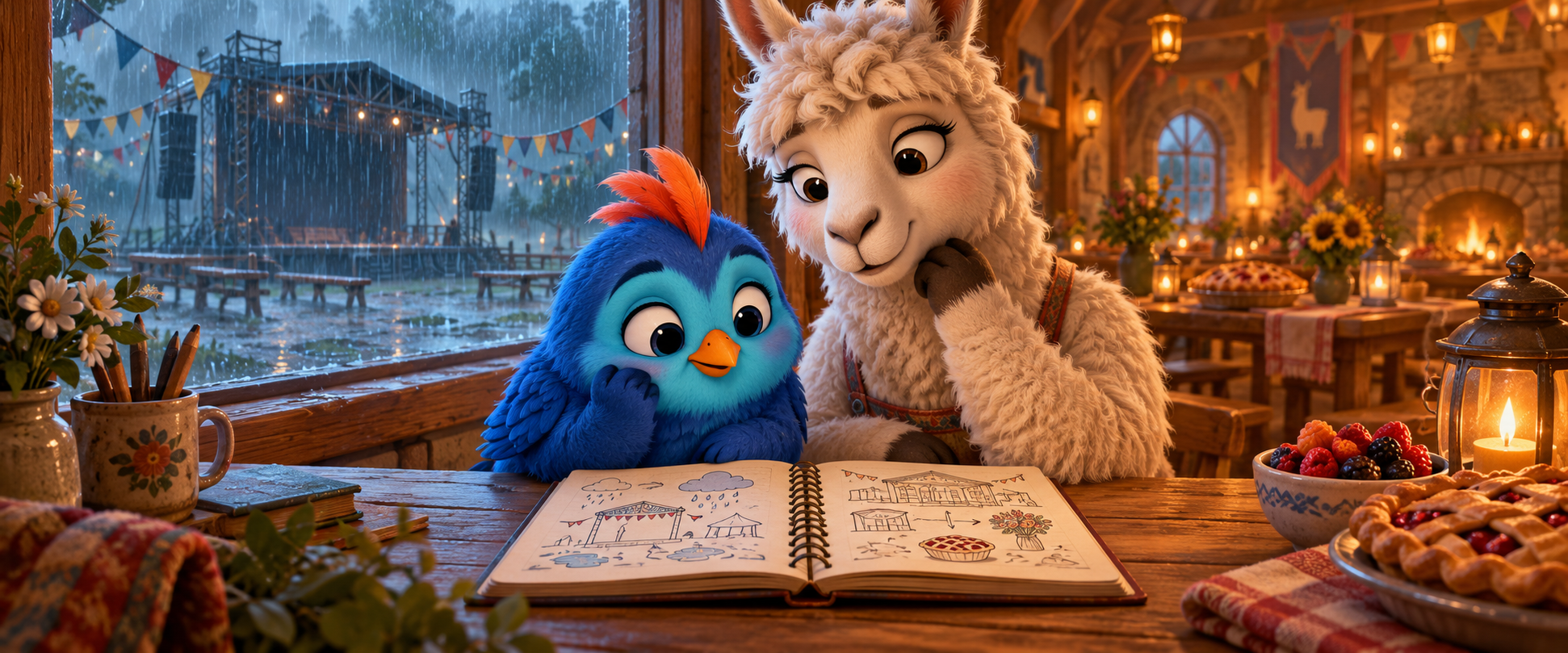 Dash and Mo consult a notebook as rain falls outside the festival hall
