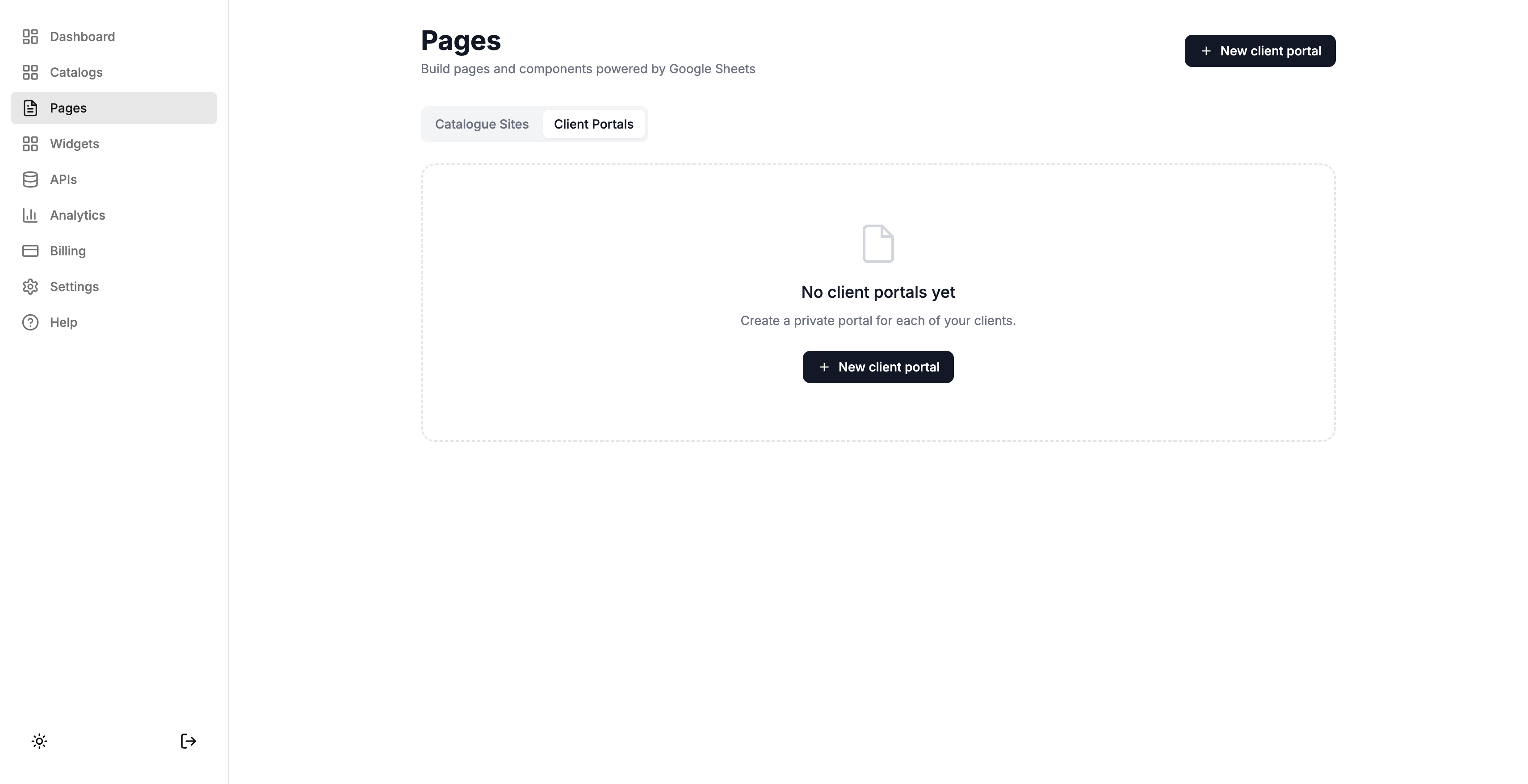 Screenshot of the Pages page with the Catalogues and Portals tabs visible, Portals tab selected