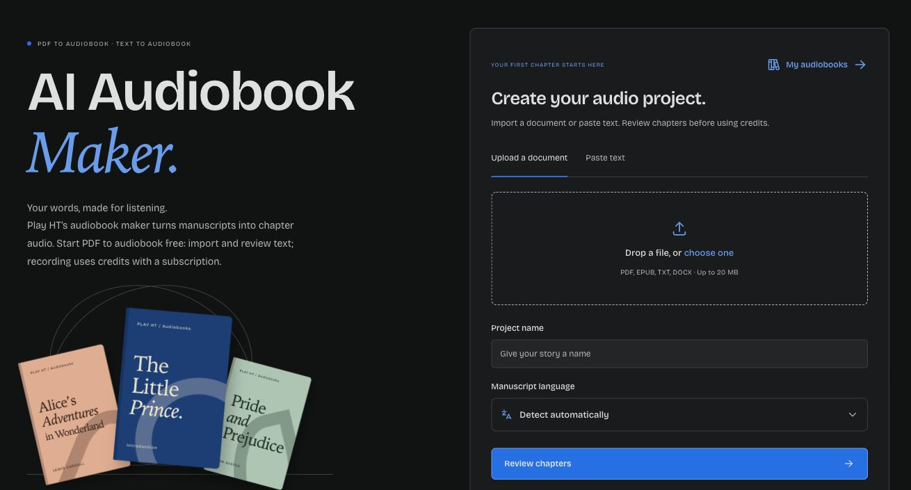 The audiobook maker's document-import and manuscript-language controls.