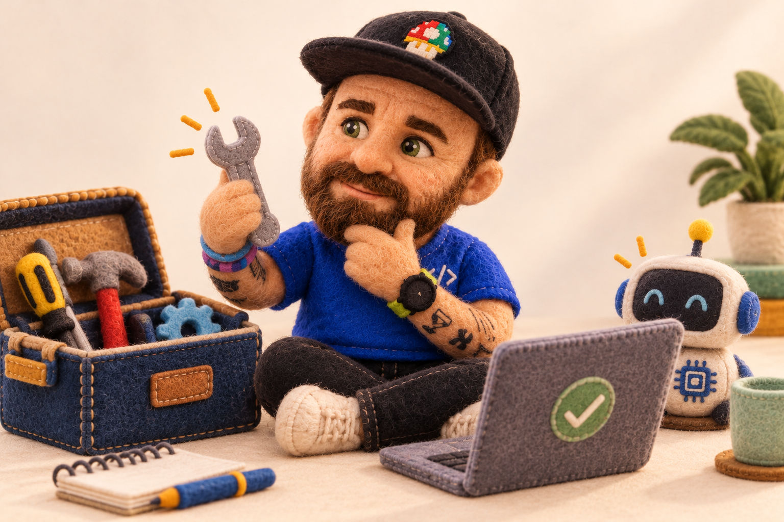 Plush Emanuele choosing tools beside a laptop and a small AI robot.
