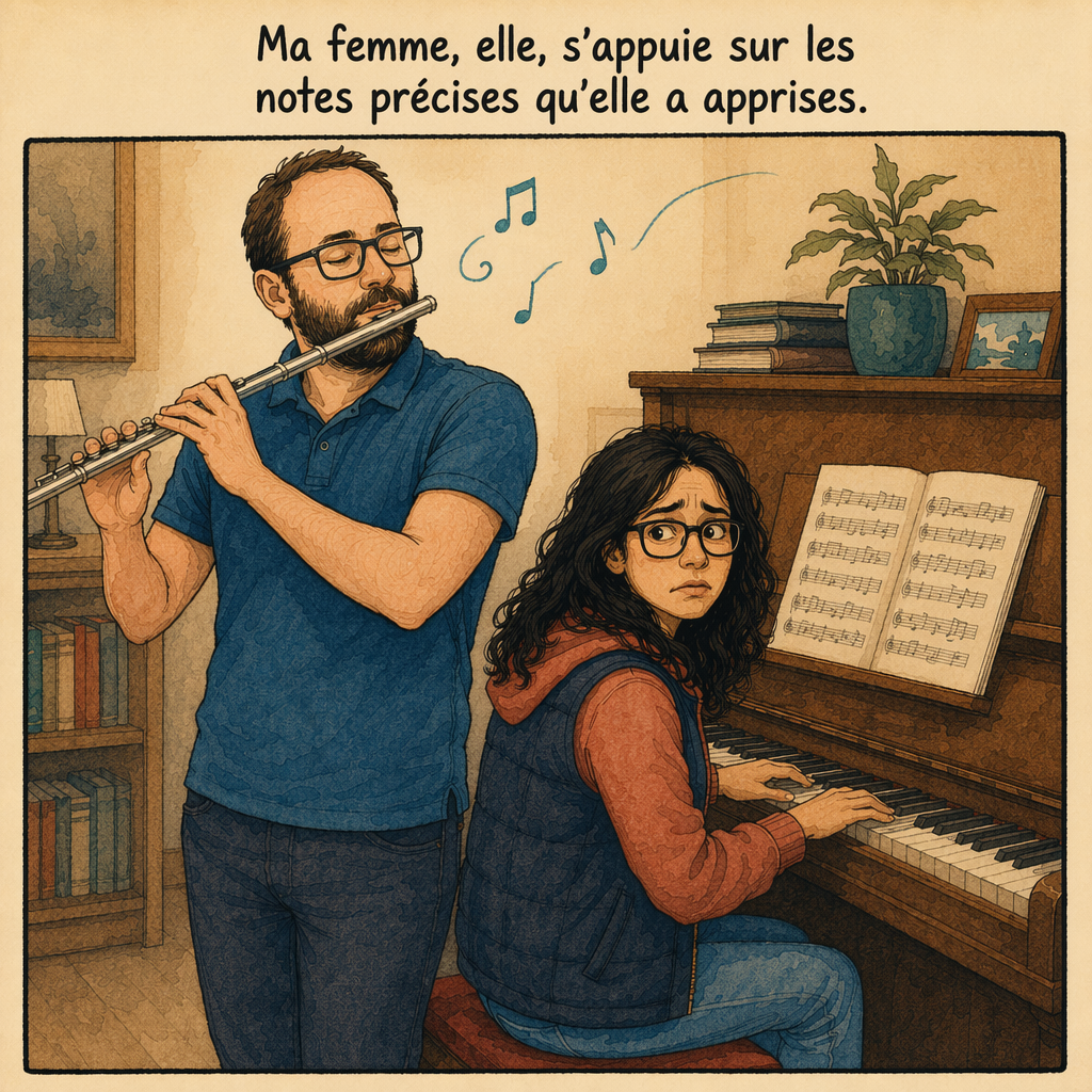 Jimena regarde le piano avec anxiété pendant que Raphaël continue de jouer.