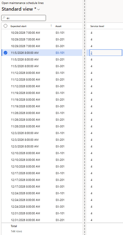 Maintenance schedule lines after a rerun with 1 setting on, the edited service level still in place