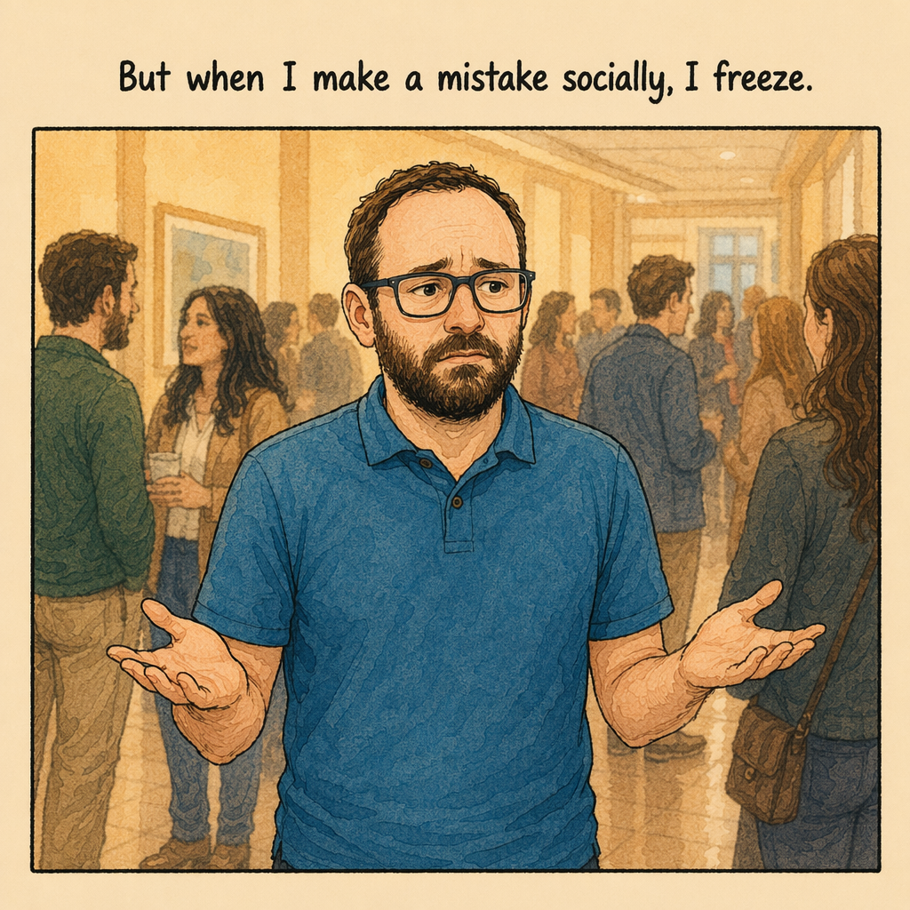 Raphaël stands frozen, arms out, distressed in a crowded hallway. Caption: But when I make a mistake socially, I freeze.