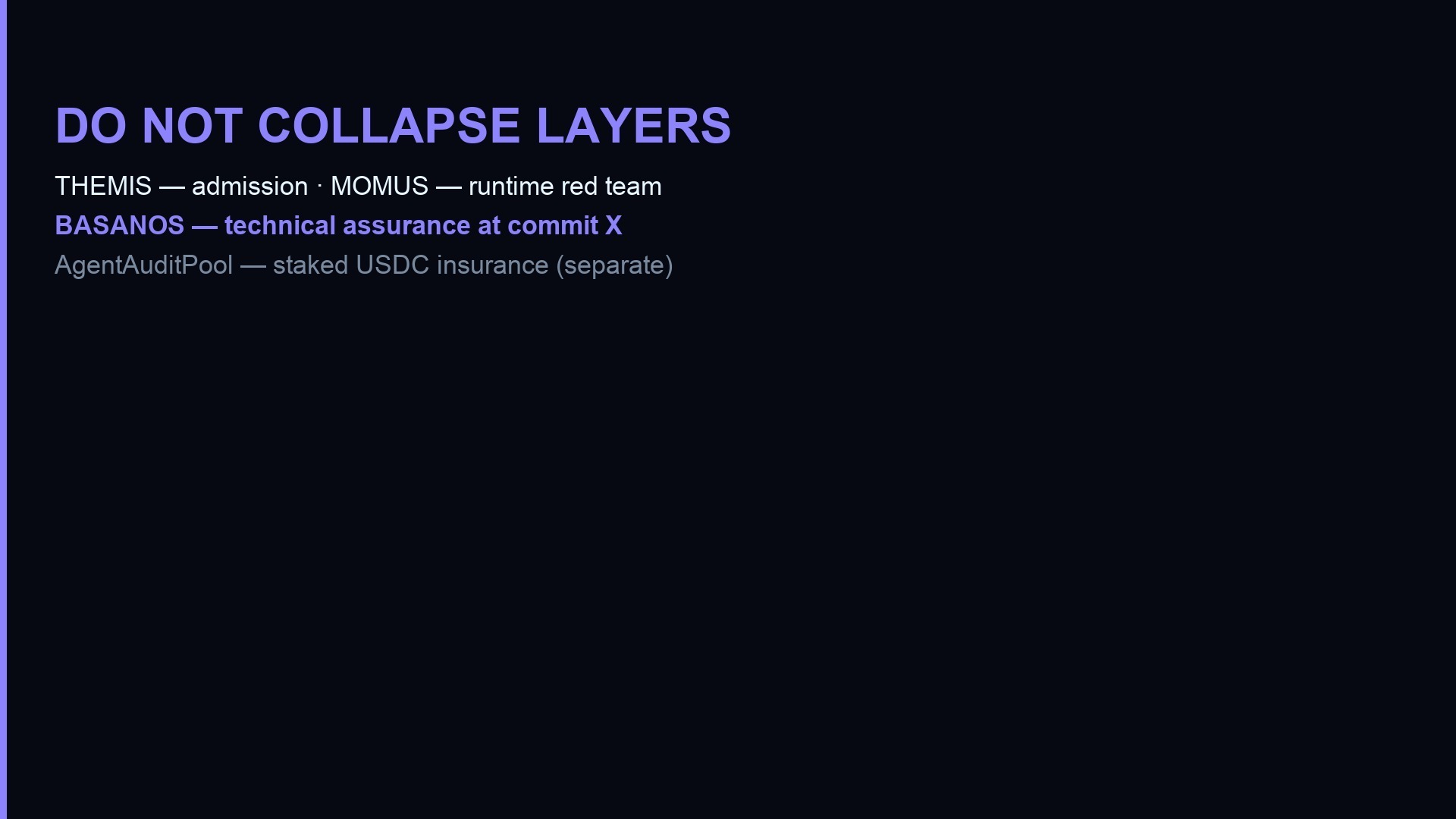 Table of security layers — THEMIS admission, MOMUS runtime, BASANOS assurance, AgentAuditPool insurance