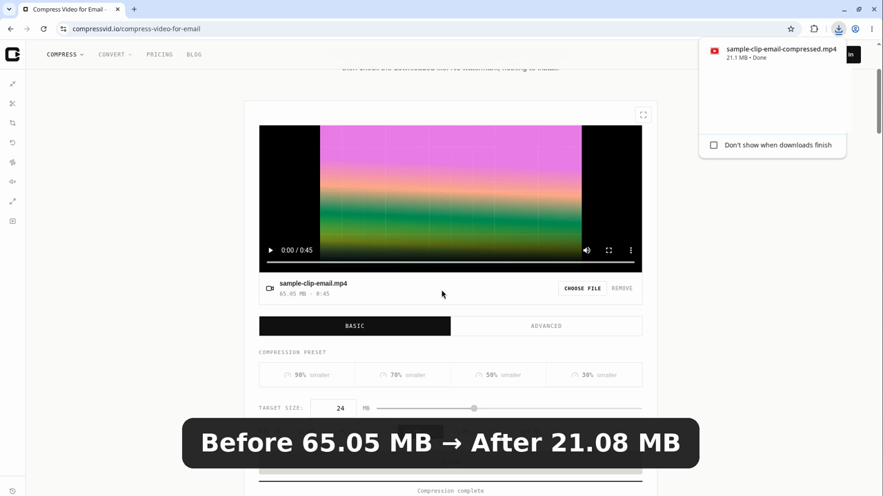 Before and after: a 65.05 MB clip compressed to 21.08 MB with a 24 MB target