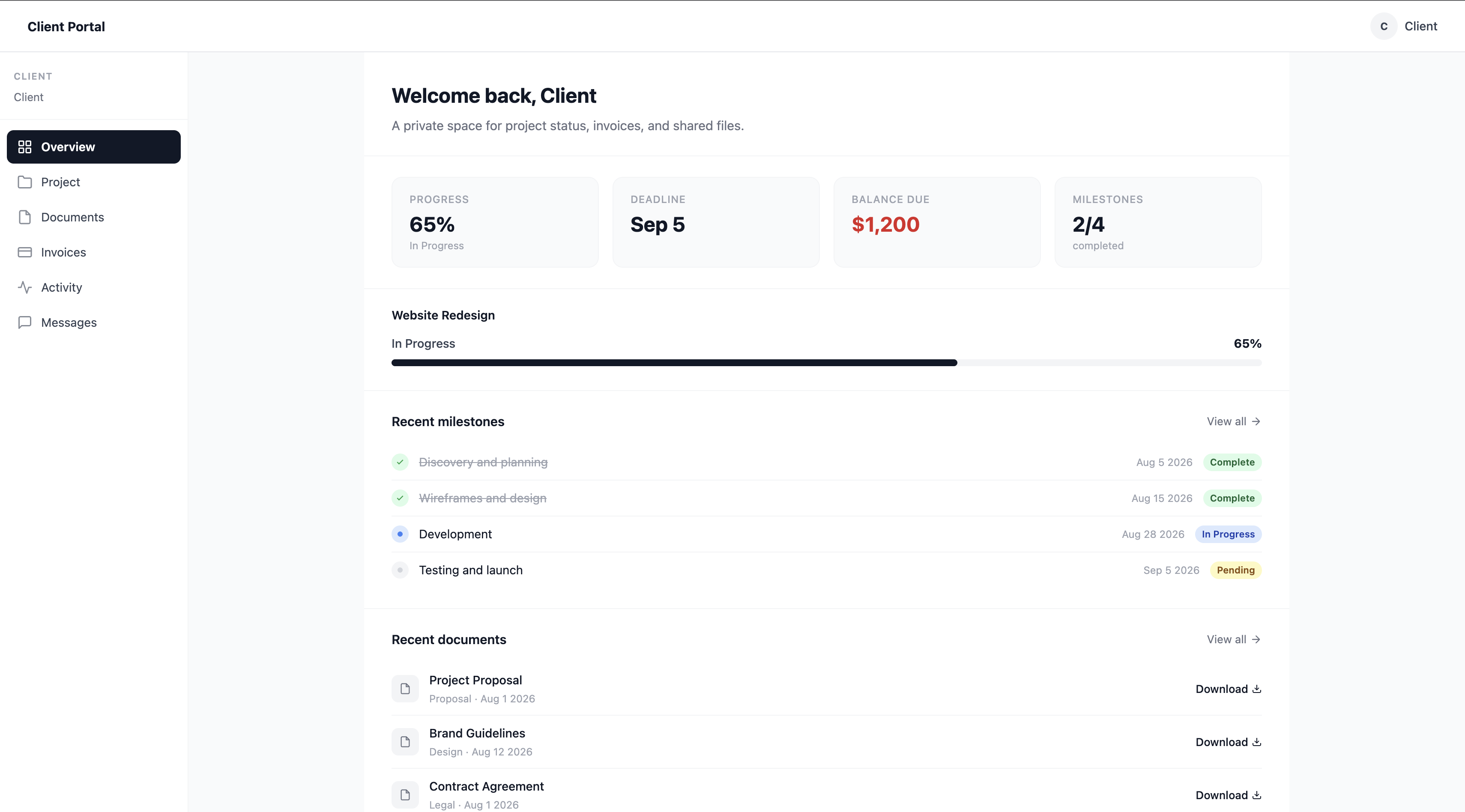Screenshot of the published portal showing the sticky header with agency name, left sidebar navigation, welcome message, stats row with four cards, and preview sections