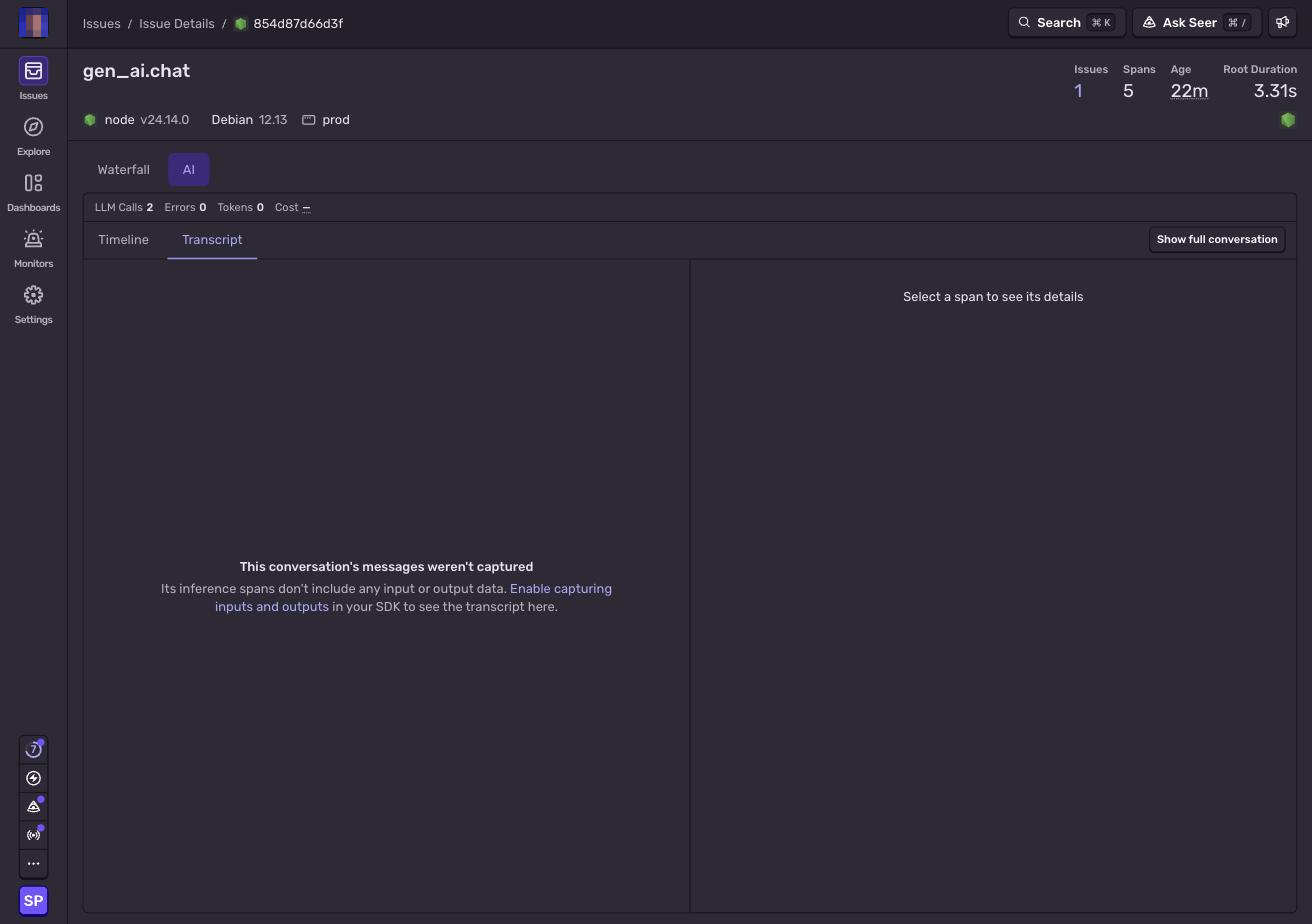 Sentry AI transcript tab stating that the conversation's messages were not captured